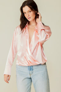Lt Pink Long Sleeve Collared Surplice Satin Top