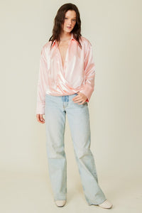 Lt Pink Long Sleeve Collared Surplice Satin Top