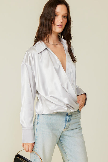 Silver Long Sleeve Collared Surplice Satin Top
