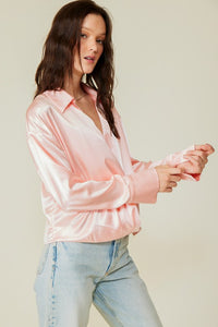 Lt Pink Long Sleeve Collared Surplice Satin Top