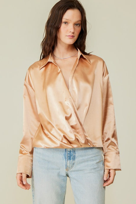 Taupe Long Sleeve Collared Surplice Satin Top