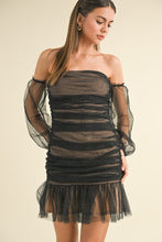 Black/Gold Off Shoulder Ruched Gold Dotted Mesh Mini Dress