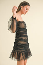Black/Gold Off Shoulder Ruched Gold Dotted Mesh Mini Dress