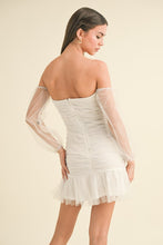 Ivory/Gold Off Shoulder Ruched Gold Dotted Mesh Mini Dress