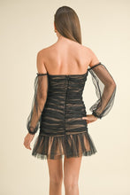 Black/Gold Off Shoulder Ruched Gold Dotted Mesh Mini Dress