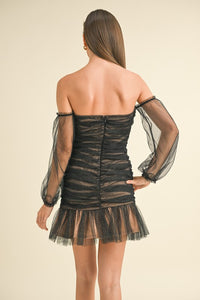 Black/Gold Off Shoulder Ruched Gold Dotted Mesh Mini Dress