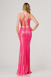 Fuchsia Sequin V-Neck Crossed Back Mermaid Maxi Dress