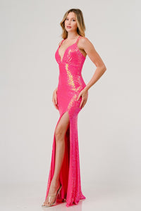 Fuchsia Sequin V-Neck Crossed Back Mermaid Maxi Dress