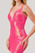 Fuchsia Sequin V-Neck Crossed Back Mermaid Maxi Dress
