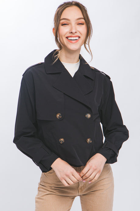 Black Cropped Trench Jacket with Belt Sleeve Detail