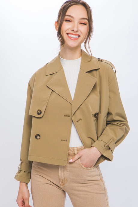 Camel Cropped Trench Jacket with Belt Sleeve Detail