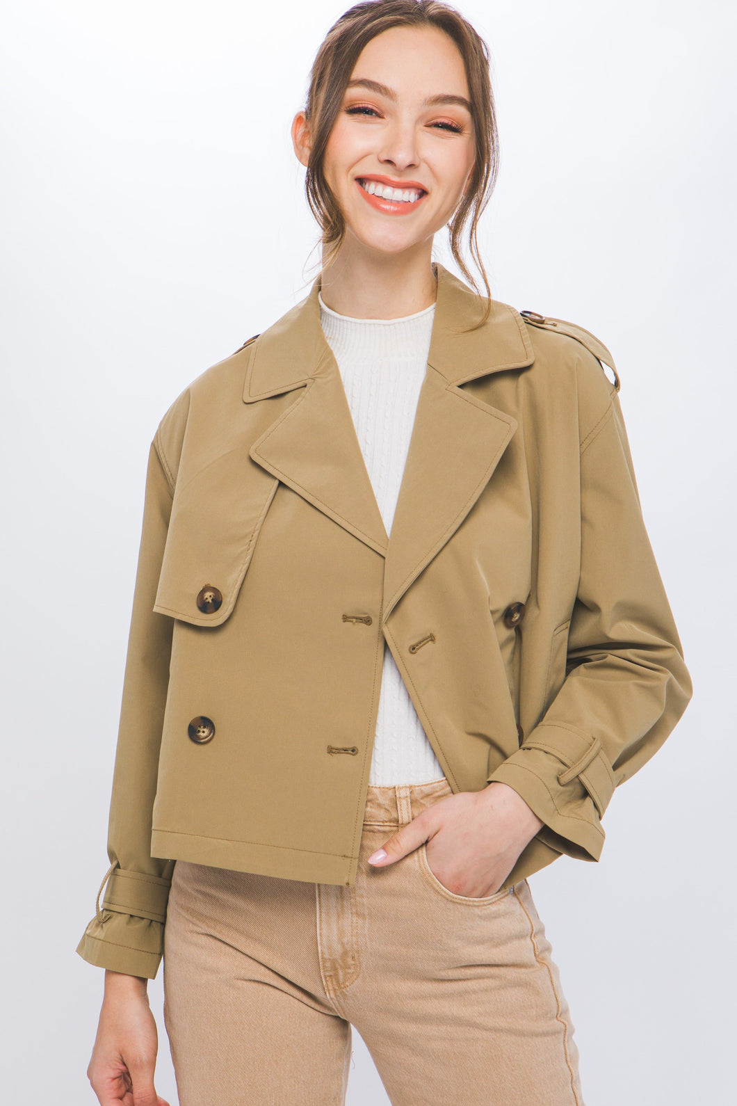 Camel Cropped Trench Jacket with Belt Sleeve Detail