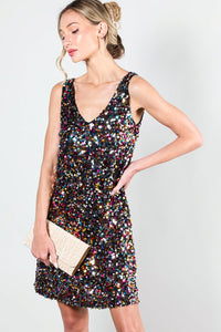 Multi V-Neck Sleeveless Multi Sequin Mini Dress