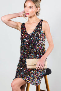 Multi V-Neck Sleeveless Multi Sequin Mini Dress
