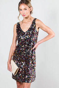 Multi V-Neck Sleeveless Multi Sequin Mini Dress