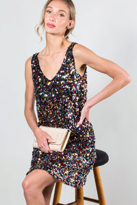 Multi V-Neck Sleeveless Multi Sequin Mini Dress