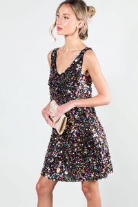 Multi V-Neck Sleeveless Multi Sequin Mini Dress