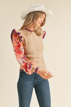 Taupe Rust Mult Cable Knit Sweater Top With Woven Floral Sleeves