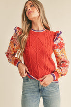 Brick Rust Mult Cable Knit Sweater Top With Woven Floral Sleeves