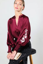 Wine Floral Embroidery Detail Satin Blouse Top