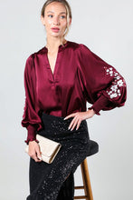 Wine Floral Embroidery Detail Satin Blouse Top