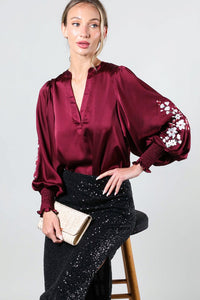 Wine Floral Embroidery Detail Satin Blouse Top