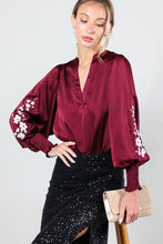 Wine Floral Embroidery Detail Satin Blouse Top