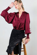 Wine Floral Embroidery Detail Satin Blouse Top