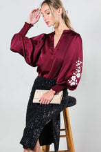 Wine Floral Embroidery Detail Satin Blouse Top