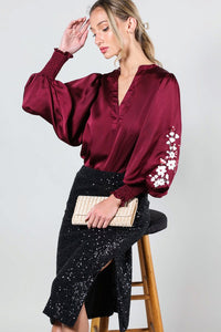 Wine Floral Embroidery Detail Satin Blouse Top
