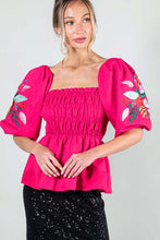 Fuchsia Puff Short Sleeve Embroidery Detail Blouse Top
