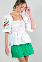 Off White Puff Short Sleeve Embroidery Detail Blouse Top