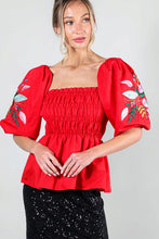 Red Puff Short Sleeve Embroidery Detail Blouse Top