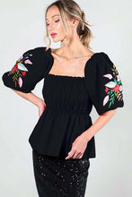 Black Puff Short Sleeve Embroidery Detail Blouse Top