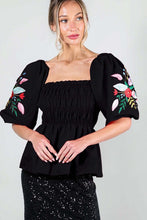 Black Puff Short Sleeve Embroidery Detail Blouse Top