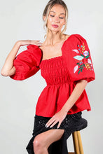 Red Puff Short Sleeve Embroidery Detail Blouse Top