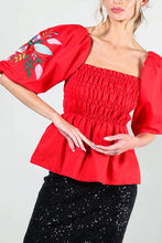 Red Puff Short Sleeve Embroidery Detail Blouse Top