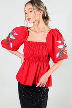 Red Puff Short Sleeve Embroidery Detail Blouse Top
