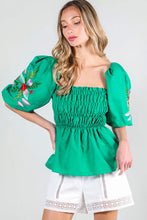 Green Puff Short Sleeve Embroidery Detail Blouse Top