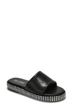 Black Womens Rhinestone Chunky Sandals Slides