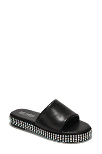 Black Womens Rhinestone Chunky Sandals Slides