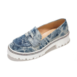 Denim Womens Rhinestone Lug Sole Chunky Loafers