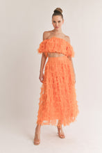 Orange Mesh Shaggy Off Shoulder Top And Midi Skirt Set