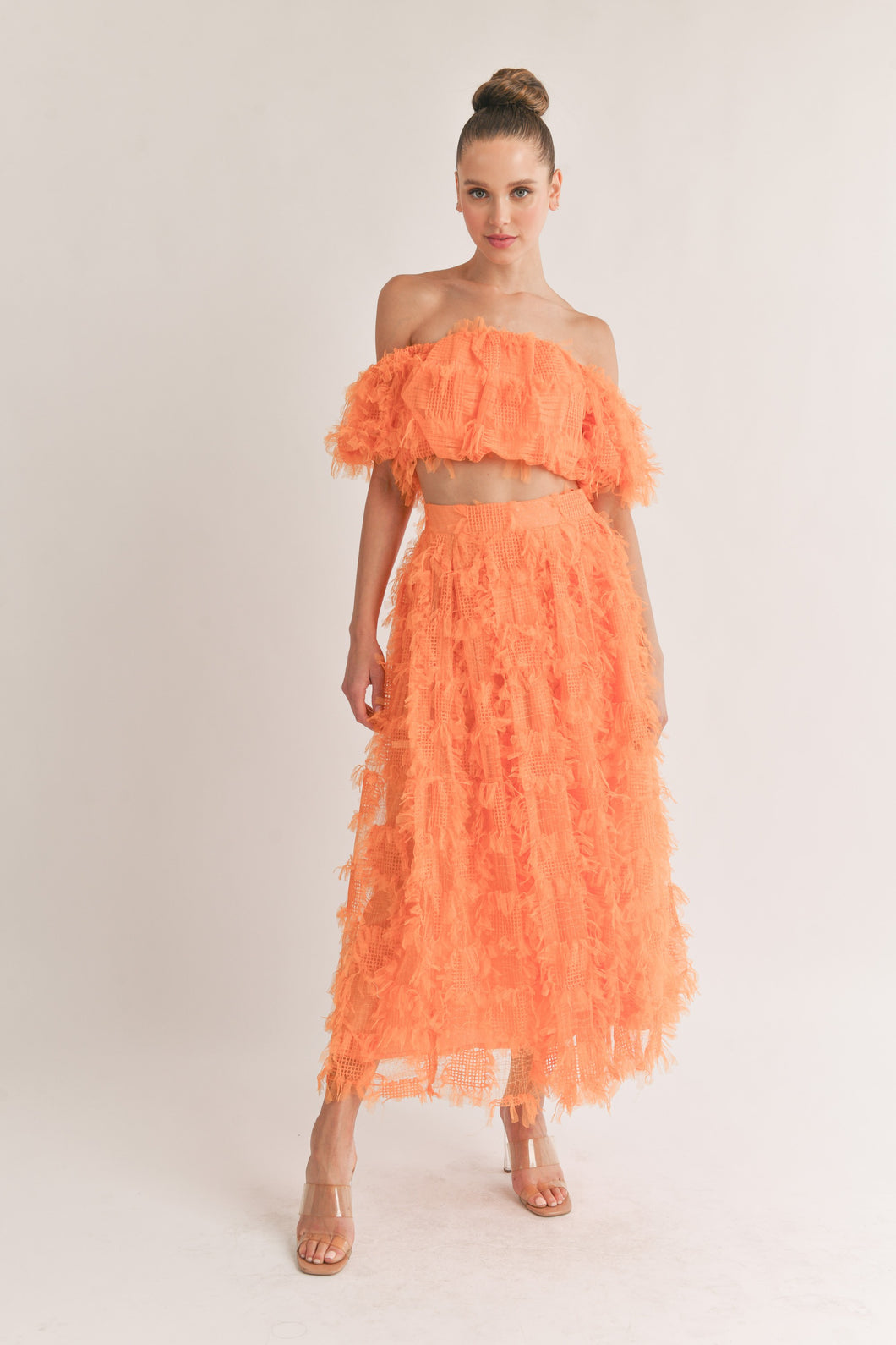 Orange Mesh Shaggy Off Shoulder Top And Midi Skirt Set