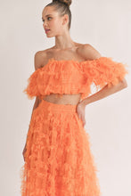 Orange Mesh Shaggy Off Shoulder Top And Midi Skirt Set