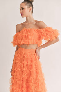 Orange Mesh Shaggy Off Shoulder Top And Midi Skirt Set