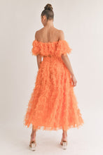 Orange Mesh Shaggy Off Shoulder Top And Midi Skirt Set