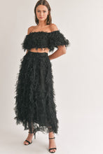 Black Mesh Shaggy Off Shoulder Top And Midi Skirt Set