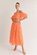 Orange Mesh Shaggy Off Shoulder Top And Midi Skirt Set