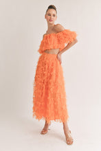 Orange Mesh Shaggy Off Shoulder Top And Midi Skirt Set